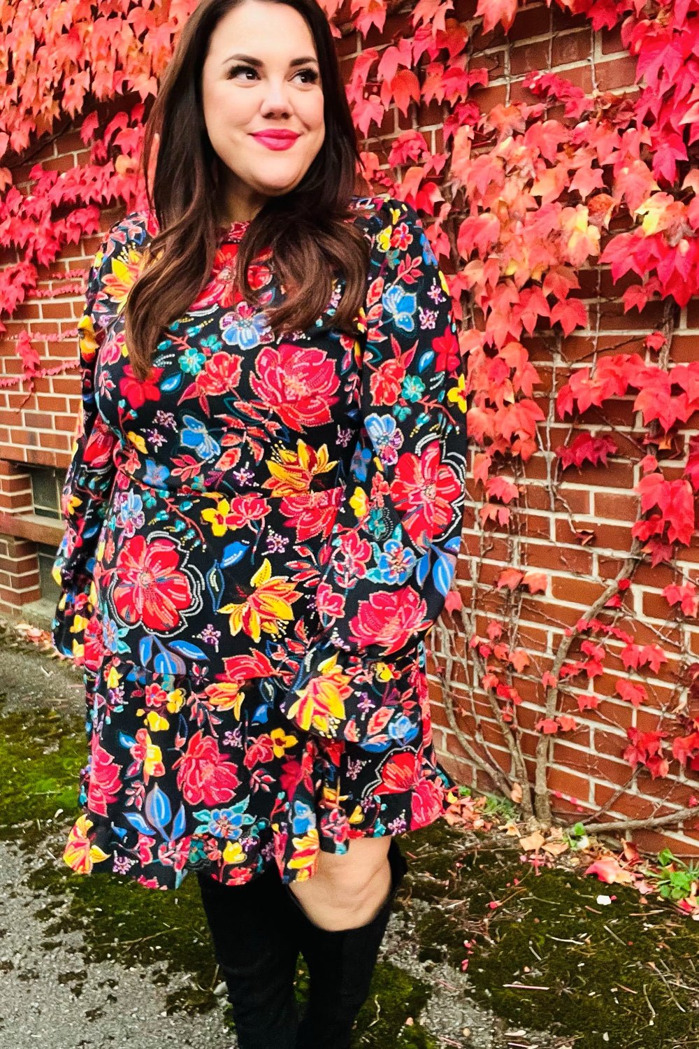 Lock Eyes Black Floral Sequin Print Ruffle Sleeve Frill Mock Neck Dress - Bitsy Gypsy Boutique