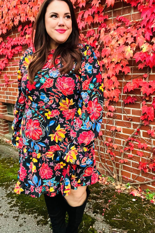 Lock Eyes Black Floral Sequin Print Ruffle Sleeve Frill Mock Neck Dress - Bitsy Gypsy Boutique