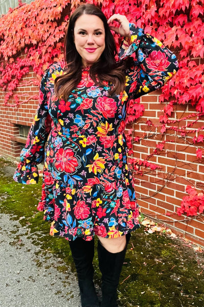 Lock Eyes Black Floral Sequin Print Ruffle Sleeve Frill Mock Neck Dress - Bitsy Gypsy Boutique