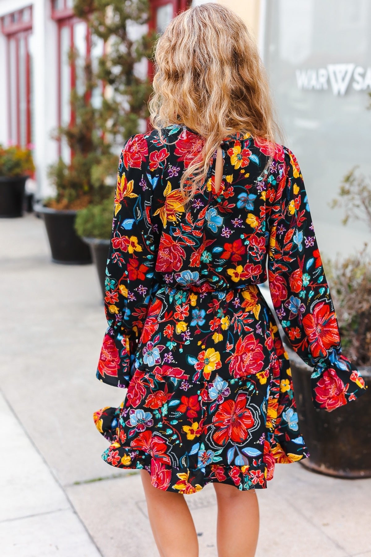 Lock Eyes Black Floral Sequin Print Ruffle Sleeve Frill Mock Neck Dress - Bitsy Gypsy Boutique