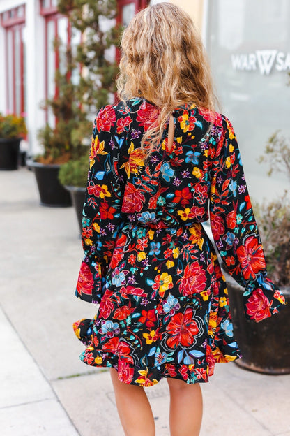 Lock Eyes Black Floral Sequin Print Ruffle Sleeve Frill Mock Neck Dress - Bitsy Gypsy Boutique