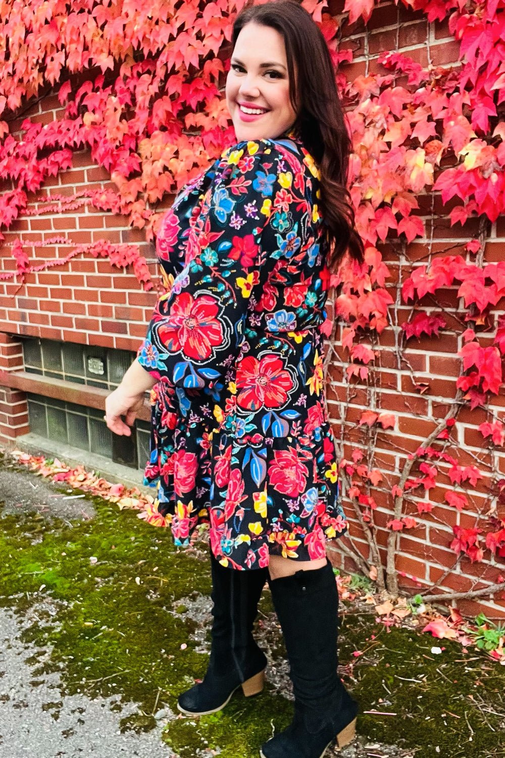 Lock Eyes Black Floral Sequin Print Ruffle Sleeve Frill Mock Neck Dress - Bitsy Gypsy Boutique