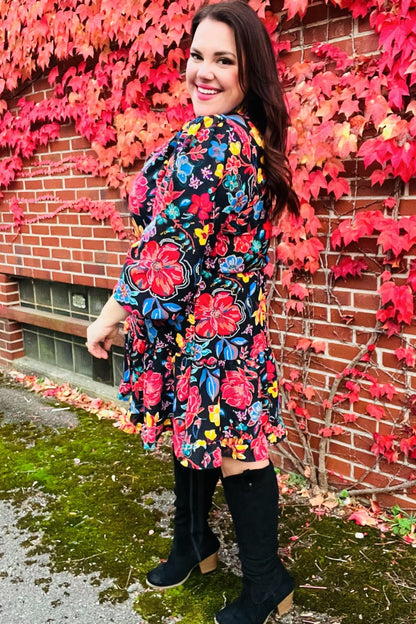 Lock Eyes Black Floral Sequin Print Ruffle Sleeve Frill Mock Neck Dress - Bitsy Gypsy Boutique