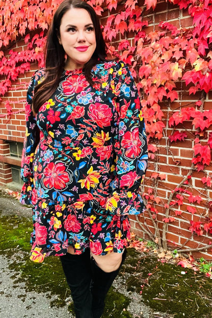 Lock Eyes Black Floral Sequin Print Ruffle Sleeve Frill Mock Neck Dress - Bitsy Gypsy Boutique