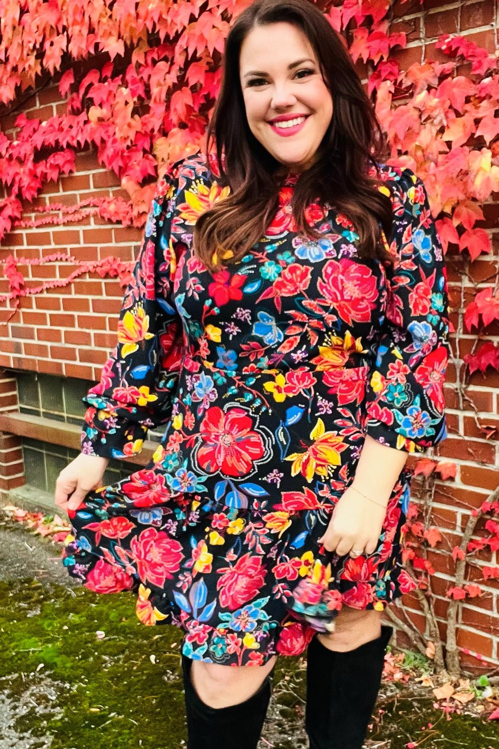 Lock Eyes Black Floral Sequin Print Ruffle Sleeve Frill Mock Neck Dress - Bitsy Gypsy Boutique