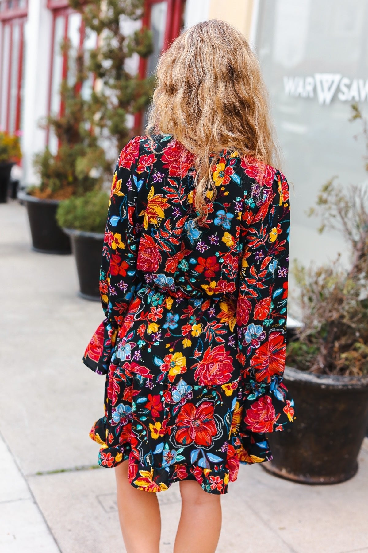 Lock Eyes Black Floral Sequin Print Ruffle Sleeve Frill Mock Neck Dress - Bitsy Gypsy Boutique