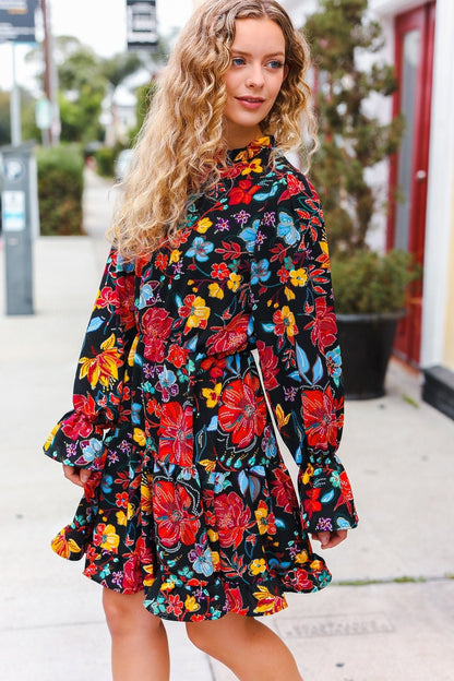 Lock Eyes Black Floral Sequin Print Ruffle Sleeve Frill Mock Neck Dress - Bitsy Gypsy Boutique