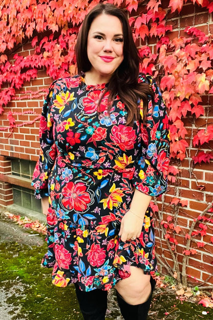Lock Eyes Black Floral Sequin Print Ruffle Sleeve Frill Mock Neck Dress - Bitsy Gypsy Boutique