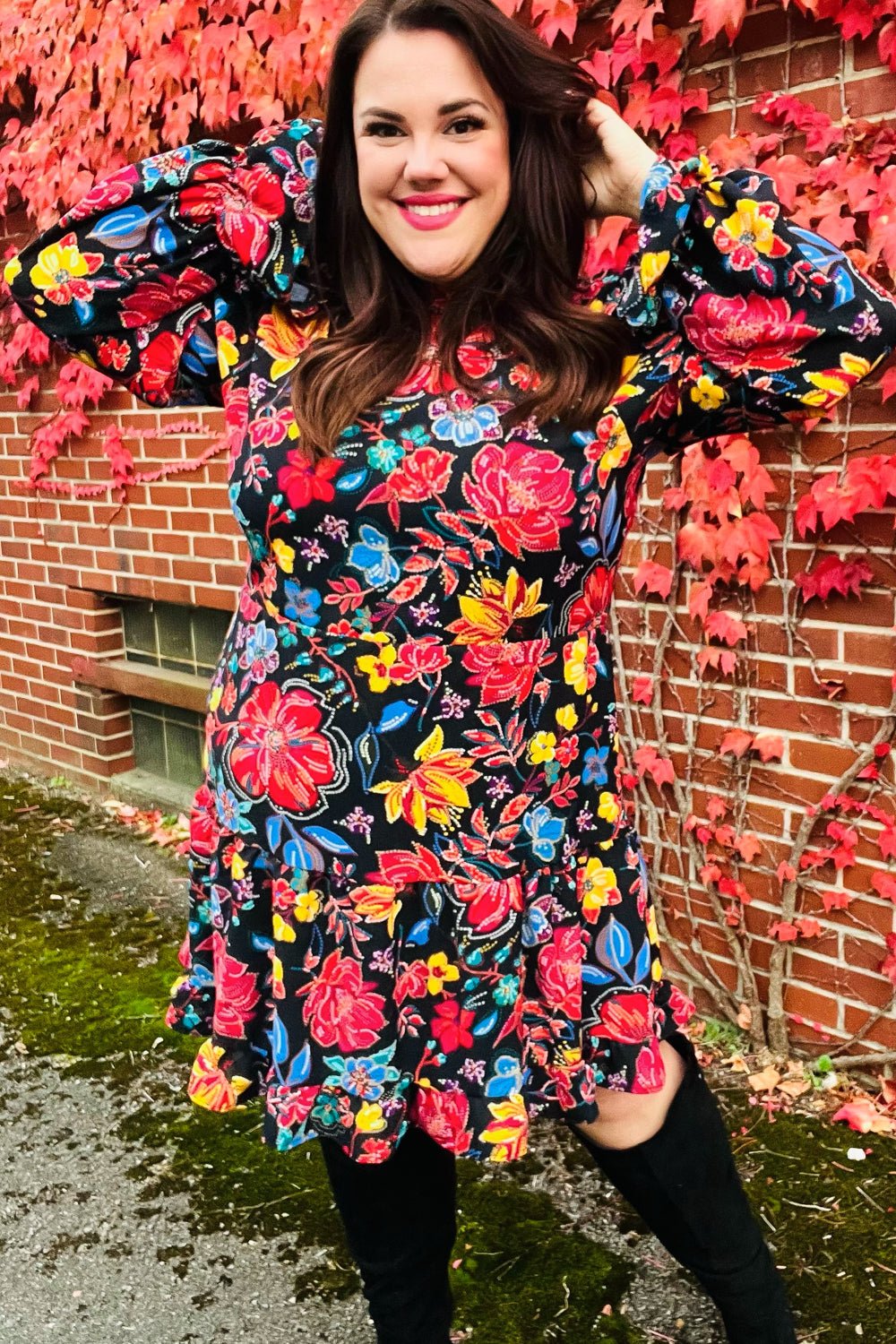 Lock Eyes Black Floral Sequin Print Ruffle Sleeve Frill Mock Neck Dress - Bitsy Gypsy Boutique