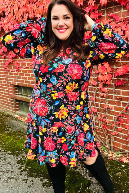 Lock Eyes Black Floral Sequin Print Ruffle Sleeve Frill Mock Neck Dress - Bitsy Gypsy Boutique