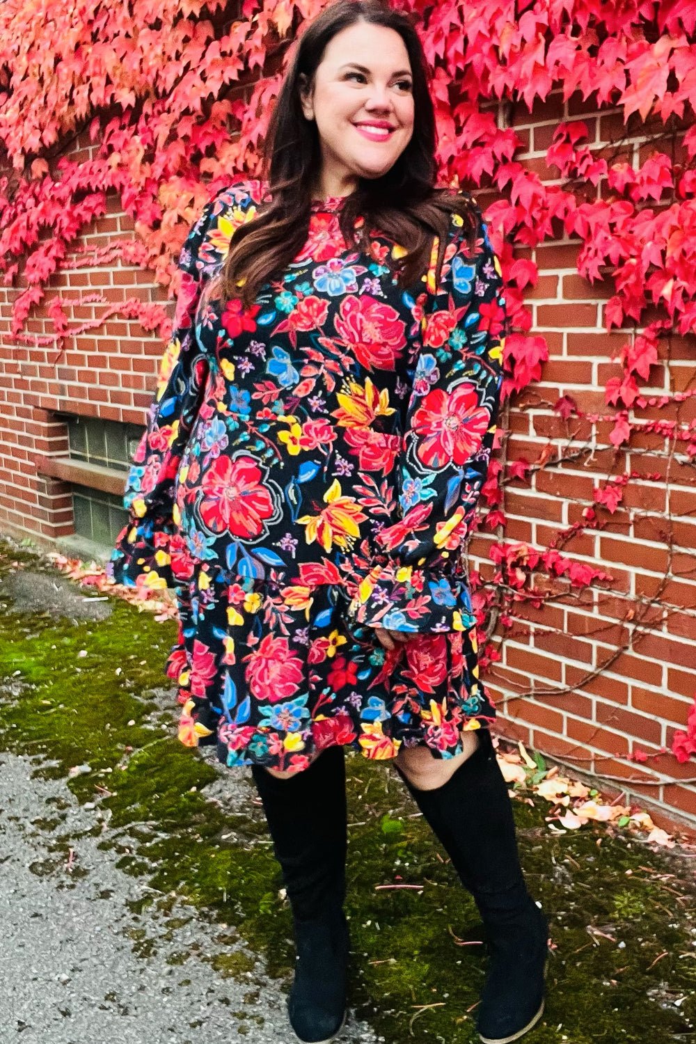 Lock Eyes Black Floral Sequin Print Ruffle Sleeve Frill Mock Neck Dress - Bitsy Gypsy Boutique