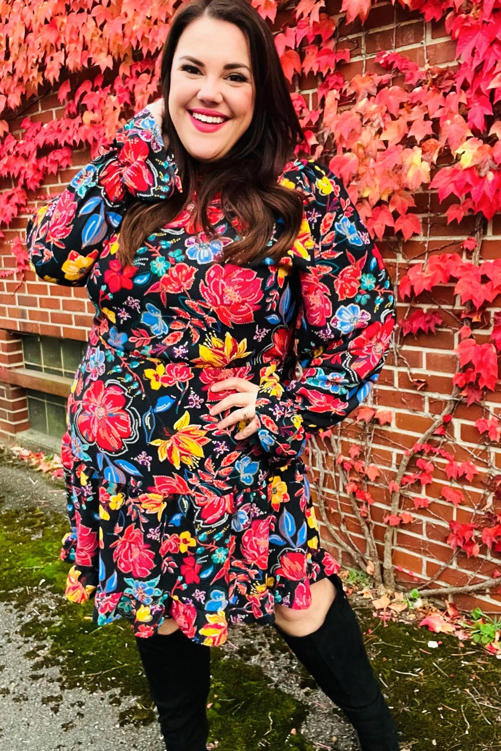 Lock Eyes Black Floral Sequin Print Ruffle Sleeve Frill Mock Neck Dress - Bitsy Gypsy Boutique