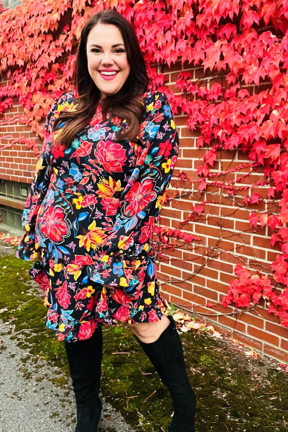 Lock Eyes Black Floral Sequin Print Ruffle Sleeve Frill Mock Neck Dress - Bitsy Gypsy Boutique