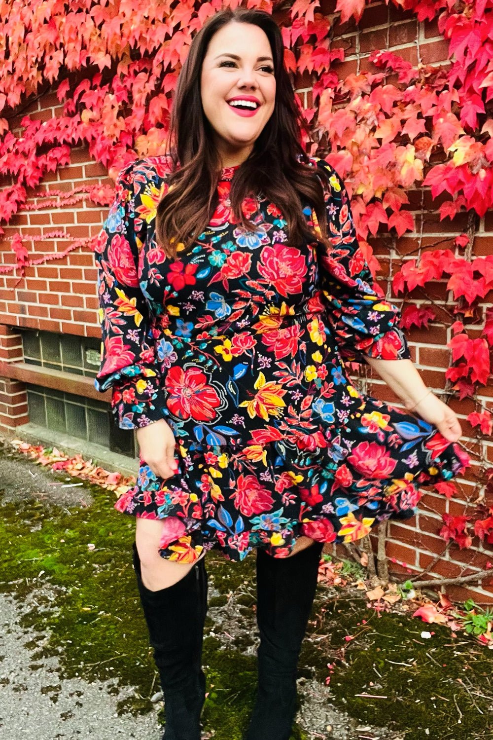 Lock Eyes Black Floral Sequin Print Ruffle Sleeve Frill Mock Neck Dress - Bitsy Gypsy Boutique