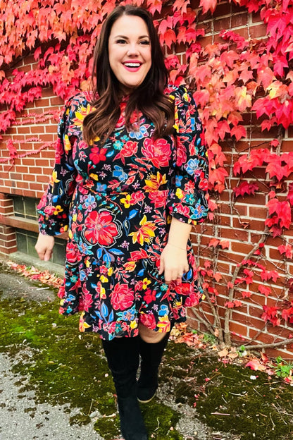 Lock Eyes Black Floral Sequin Print Ruffle Sleeve Frill Mock Neck Dress - Bitsy Gypsy Boutique