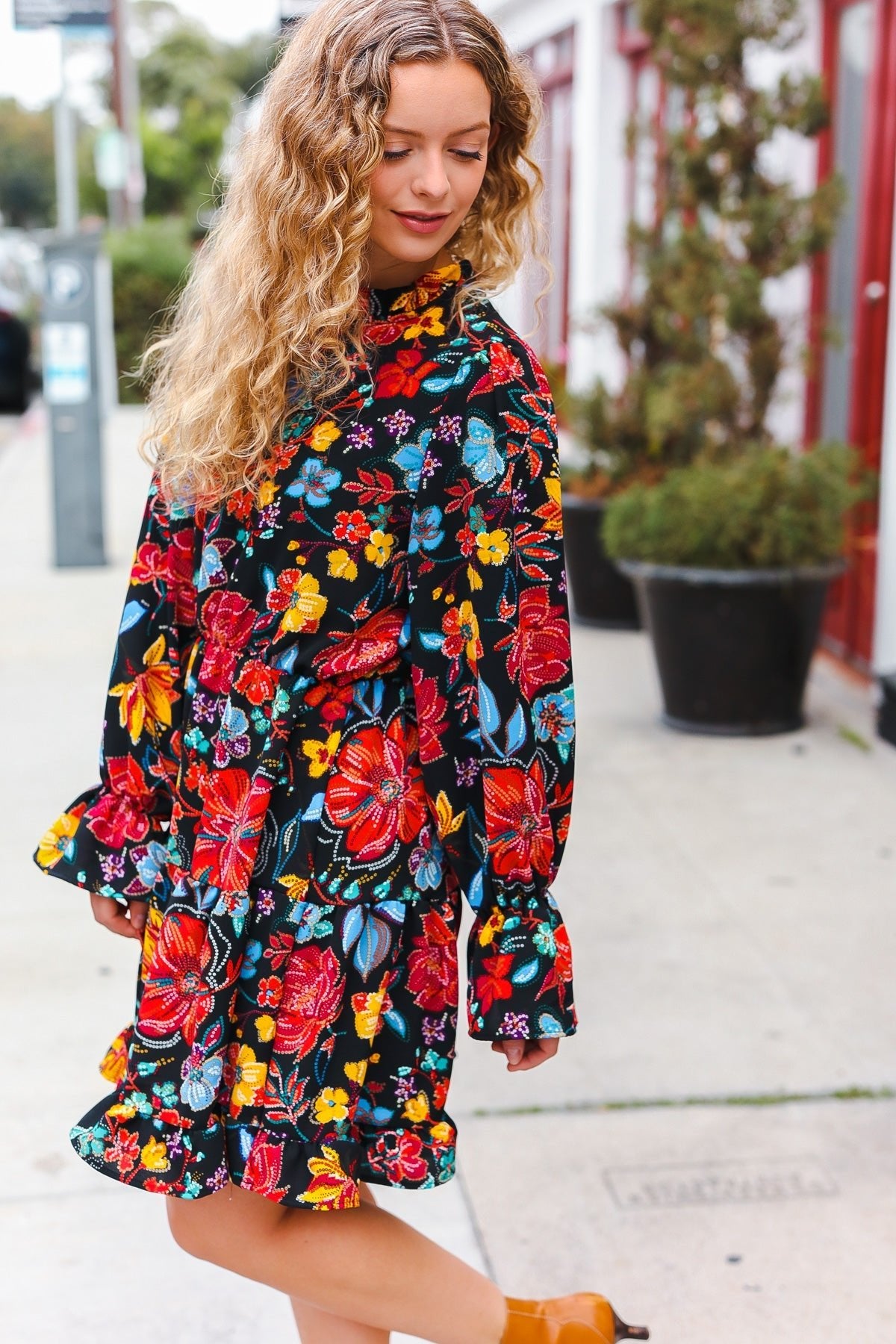 Lock Eyes Black Floral Sequin Print Ruffle Sleeve Frill Mock Neck Dress - Bitsy Gypsy Boutique