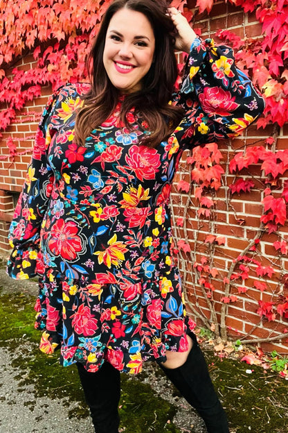 Lock Eyes Black Floral Sequin Print Ruffle Sleeve Frill Mock Neck Dress - Bitsy Gypsy Boutique