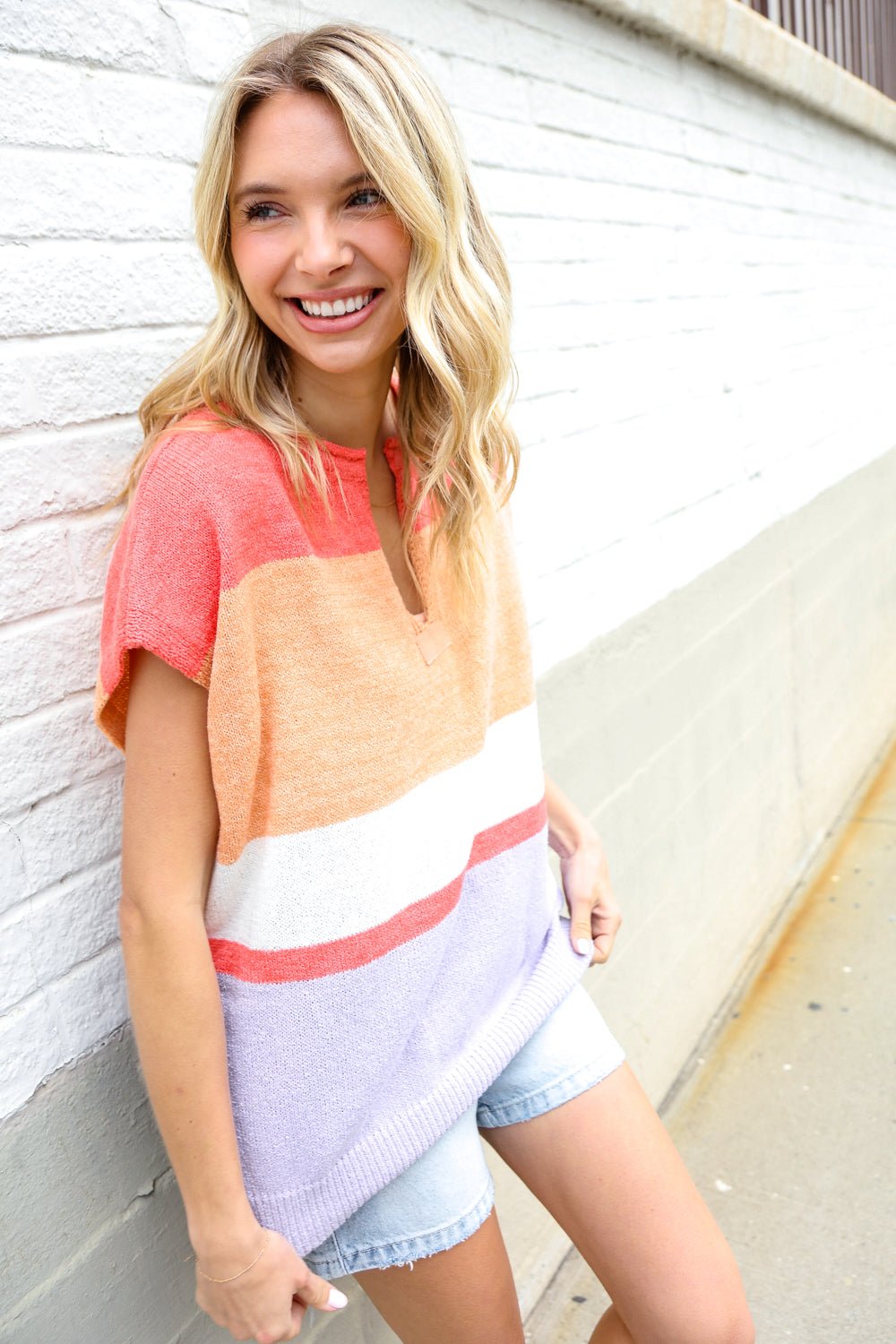 Lock Eyes Coral Notched Neck Drop Shoulder Sweater Top - Bitsy Gypsy Boutique