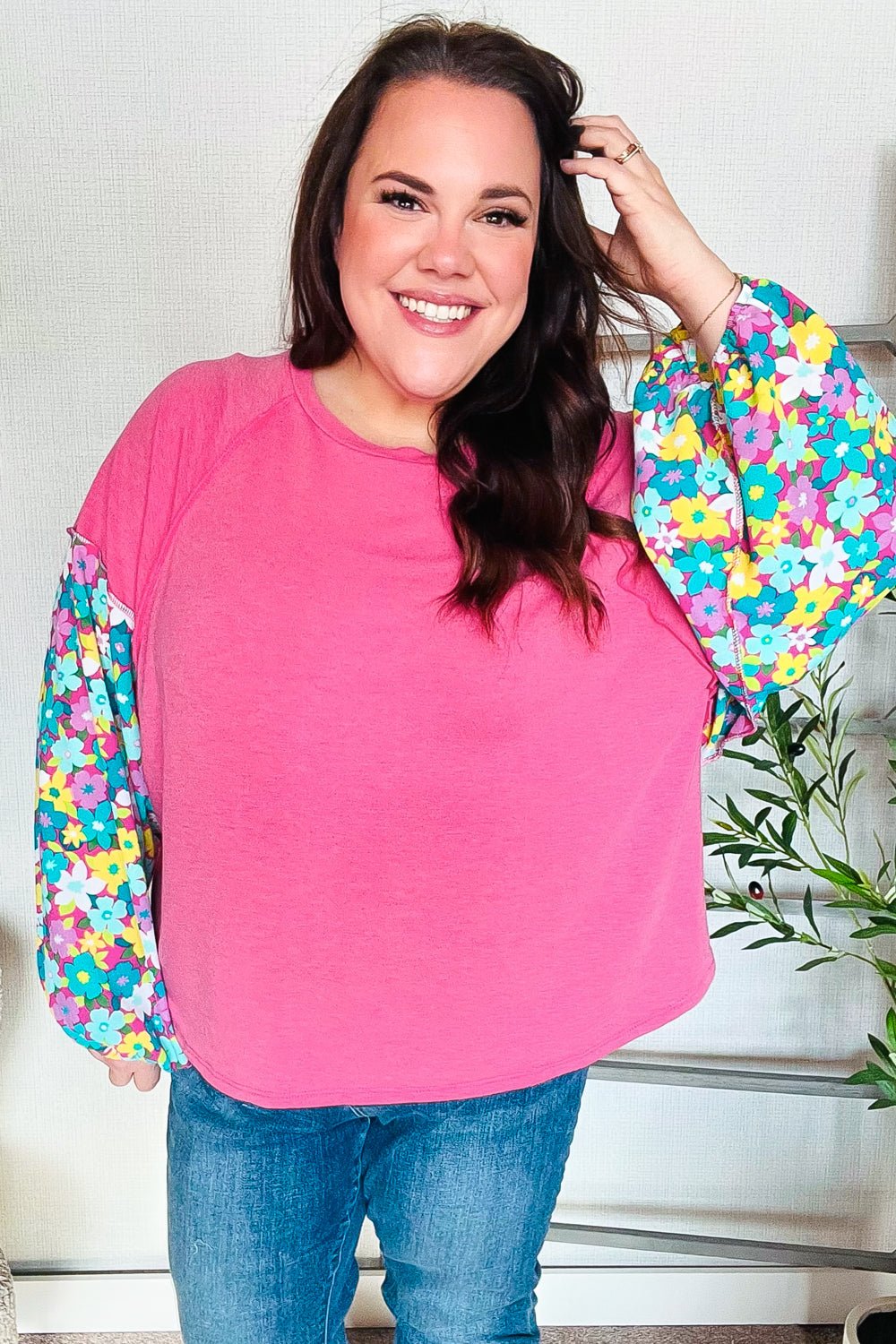 Lock Eyes Pink & Floral Bubble Sleeve French Terry Pullover - Bitsy Gypsy Boutique