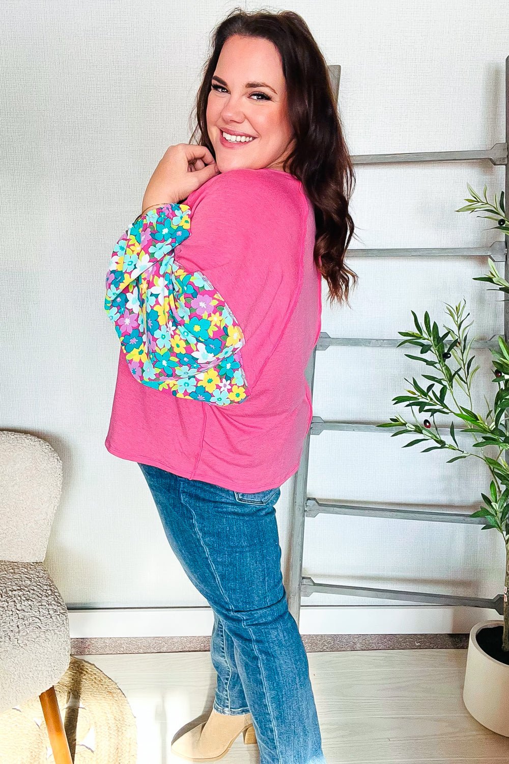Lock Eyes Pink & Floral Bubble Sleeve French Terry Pullover - Bitsy Gypsy Boutique