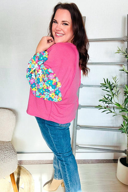 Lock Eyes Pink & Floral Bubble Sleeve French Terry Pullover - Bitsy Gypsy Boutique