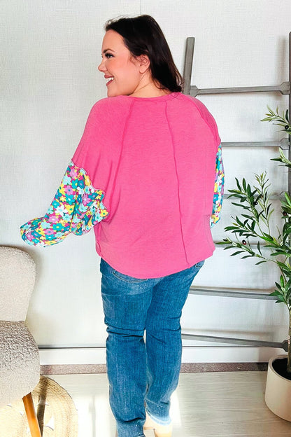 Lock Eyes Pink & Floral Bubble Sleeve French Terry Pullover - Bitsy Gypsy Boutique
