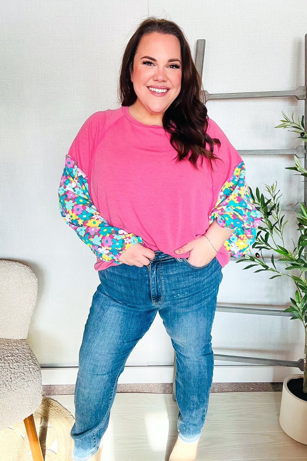 Lock Eyes Pink & Floral Bubble Sleeve French Terry Pullover - Bitsy Gypsy Boutique