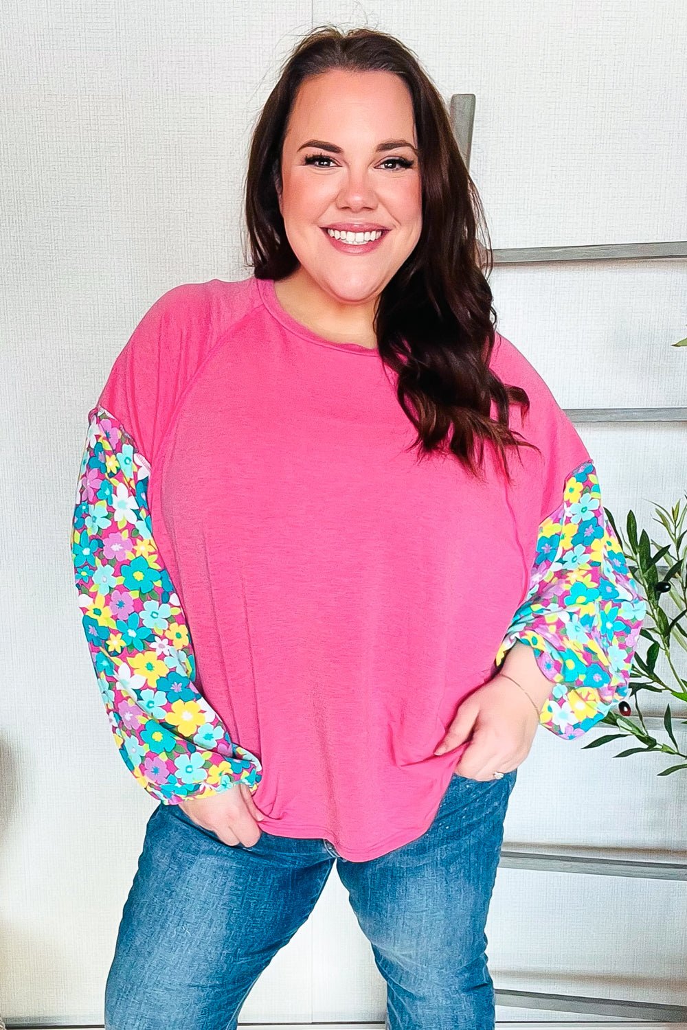 Lock Eyes Pink & Floral Bubble Sleeve French Terry Pullover - Bitsy Gypsy Boutique