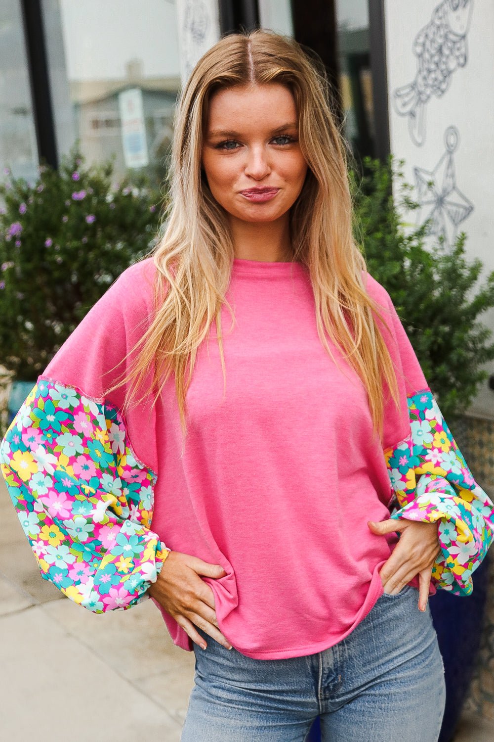 Lock Eyes Pink & Floral Bubble Sleeve French Terry Pullover - Bitsy Gypsy Boutique