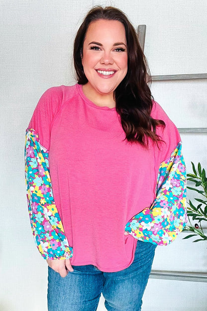 Lock Eyes Pink & Floral Bubble Sleeve French Terry Pullover - Bitsy Gypsy Boutique