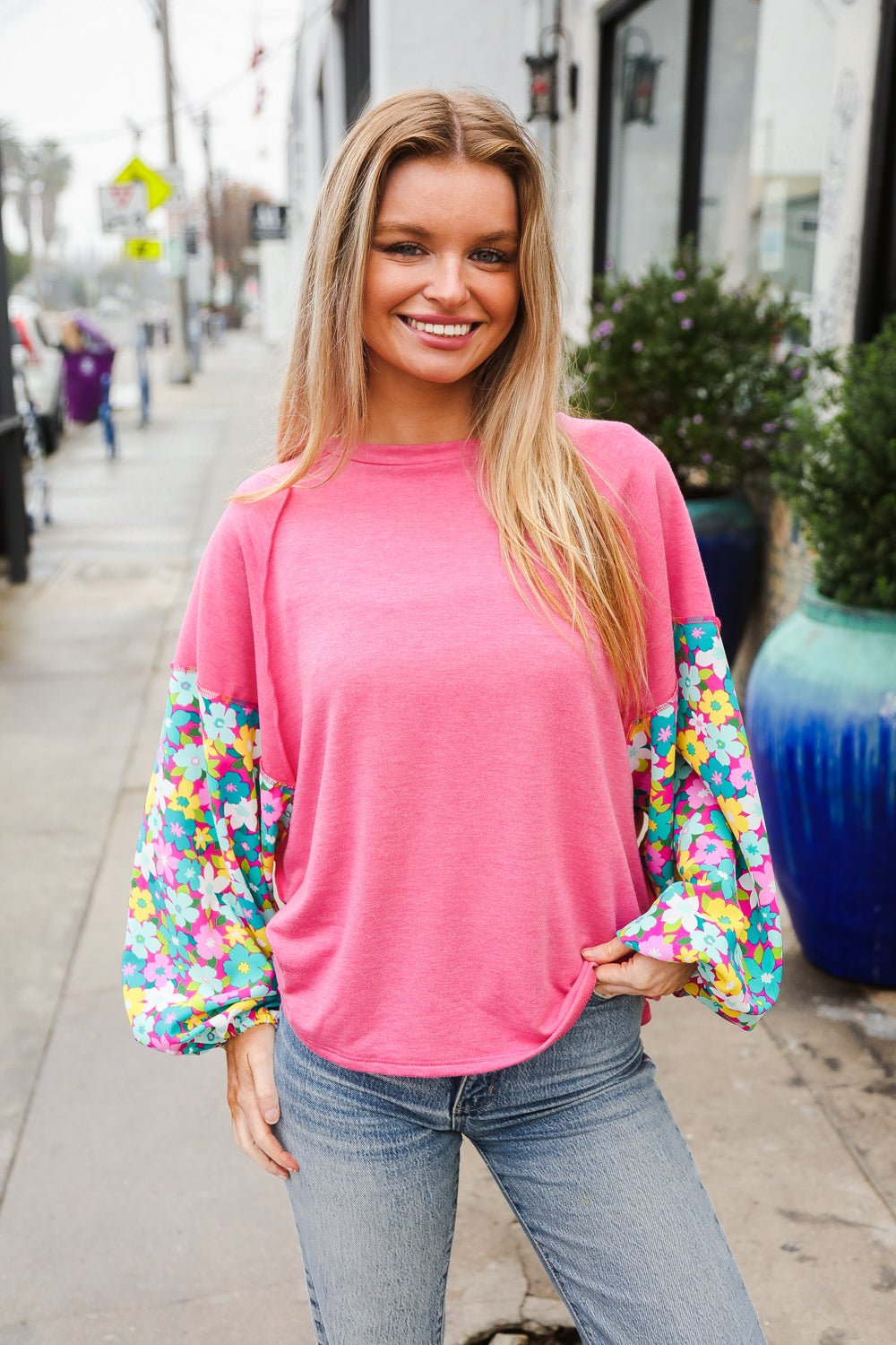 Lock Eyes Pink & Floral Bubble Sleeve French Terry Pullover - Bitsy Gypsy Boutique