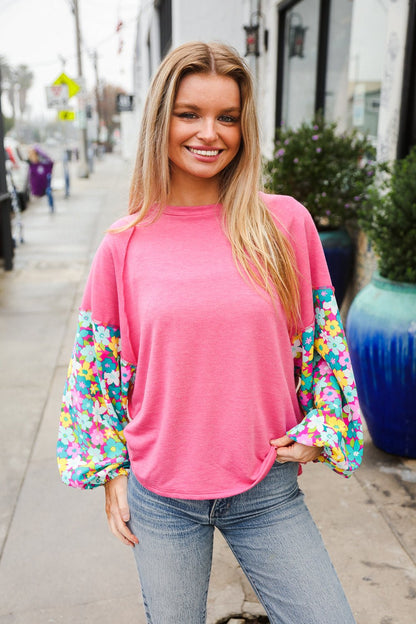 Lock Eyes Pink & Floral Bubble Sleeve French Terry Pullover - Bitsy Gypsy Boutique