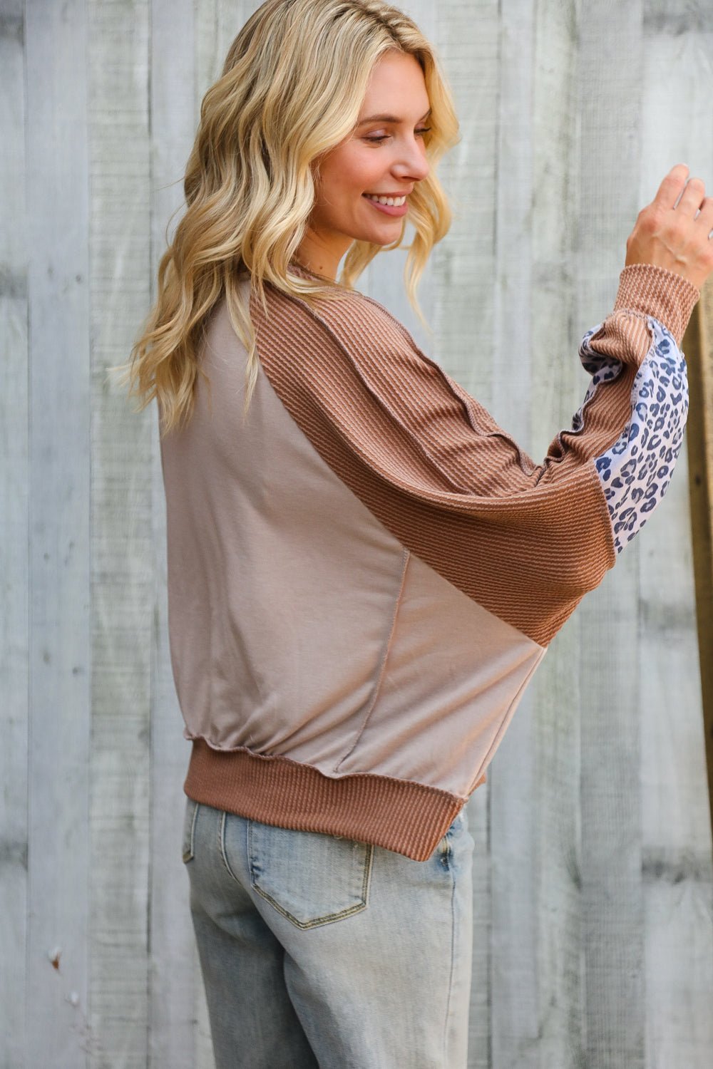 Lock Eyes Taupe & Animal Print Dolman Colorblock Terry Top - Bitsy Gypsy Boutique