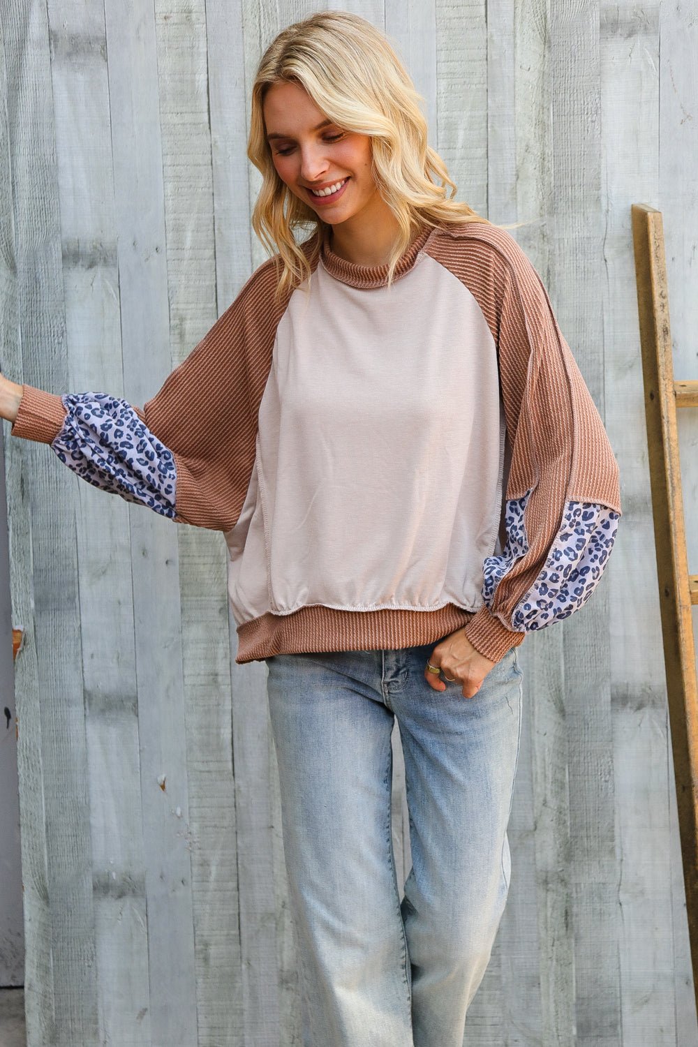 Lock Eyes Taupe & Animal Print Dolman Colorblock Terry Top - Bitsy Gypsy Boutique