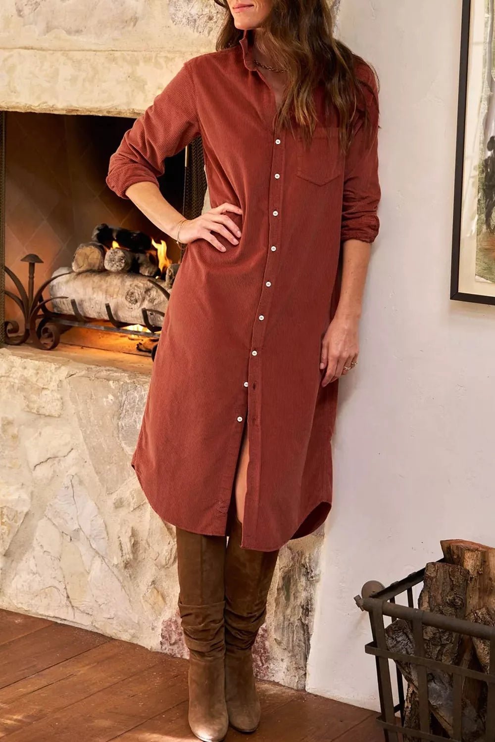 Long Sleeve Button Down Corduroy Midi Dress - Bitsy Gypsy Boutique