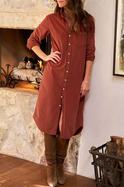 Long Sleeve Button Down Corduroy Midi Dress - Bitsy Gypsy Boutique