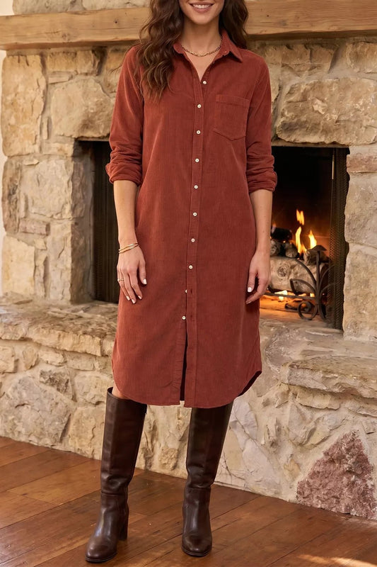 Long Sleeve Button Down Corduroy Midi Dress - Bitsy Gypsy Boutique