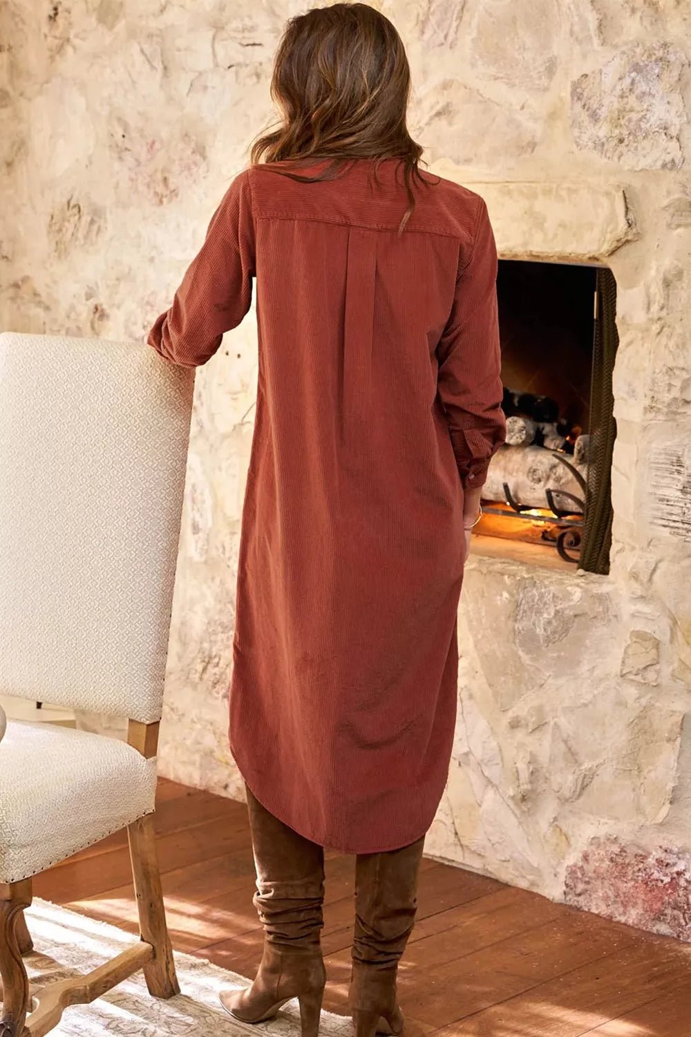 Long Sleeve Button Down Corduroy Midi Dress - Bitsy Gypsy Boutique