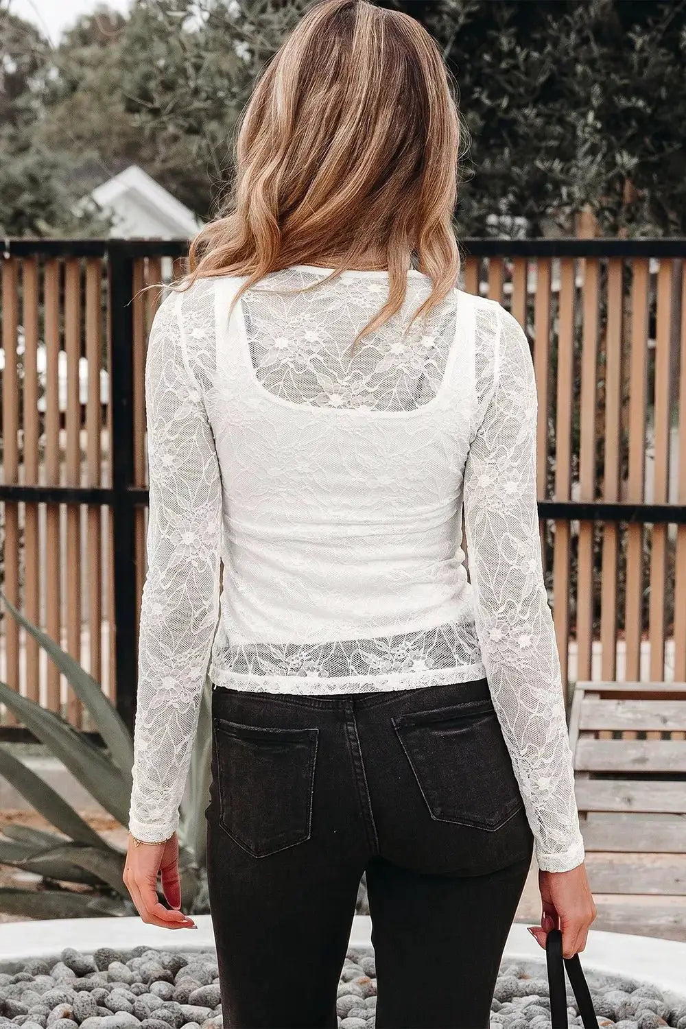 Long Sleeve Sheer Mesh Lace Top by Trendsi