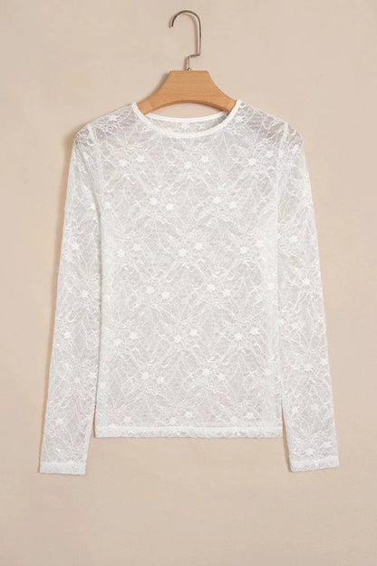 Long Sleeve Sheer Mesh Lace Top by Trendsi