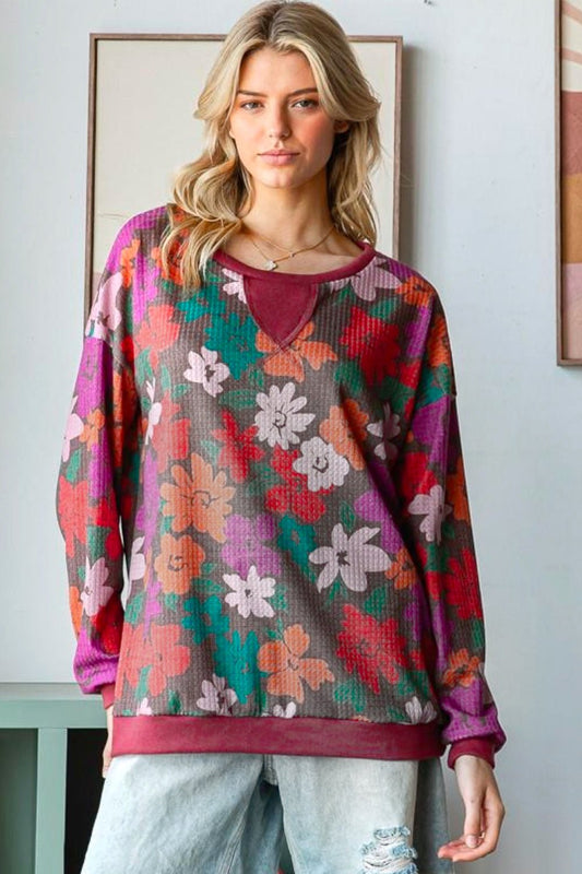 Look Adorable Brown/Multicolor Floral Waffle Terry Reverse Stitch Pullover - Bitsy Gypsy Boutique