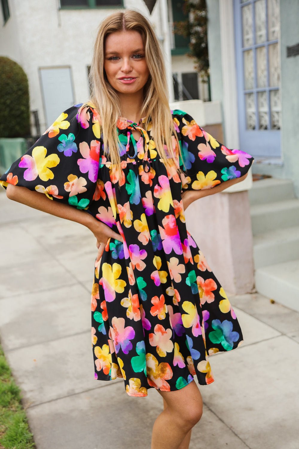 Look Adorable Ribbon Bow Tie Floral Babydoll Dress with Pockets - Bitsy Gypsy Boutique