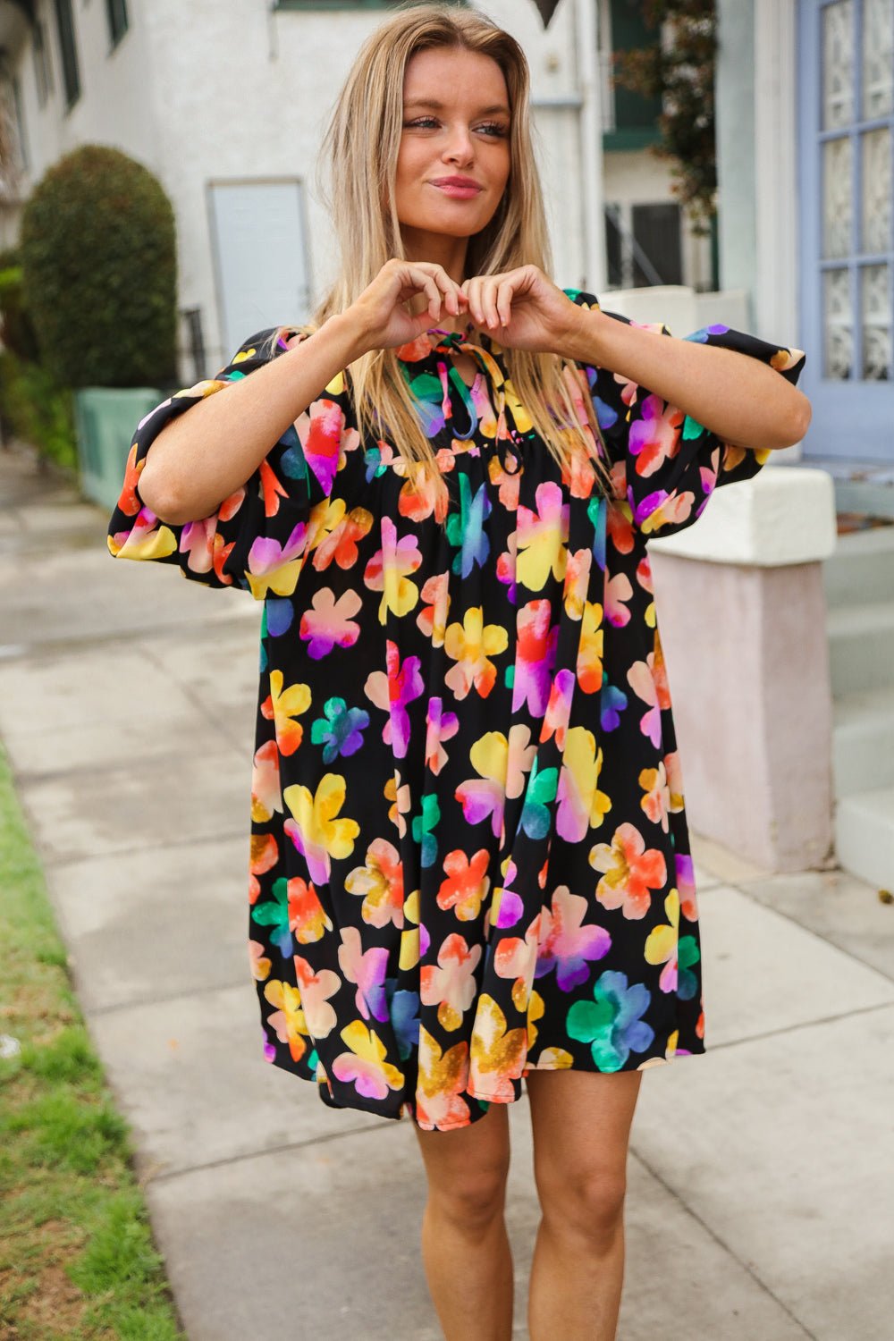 Look Adorable Ribbon Bow Tie Floral Babydoll Dress with Pockets - Bitsy Gypsy Boutique
