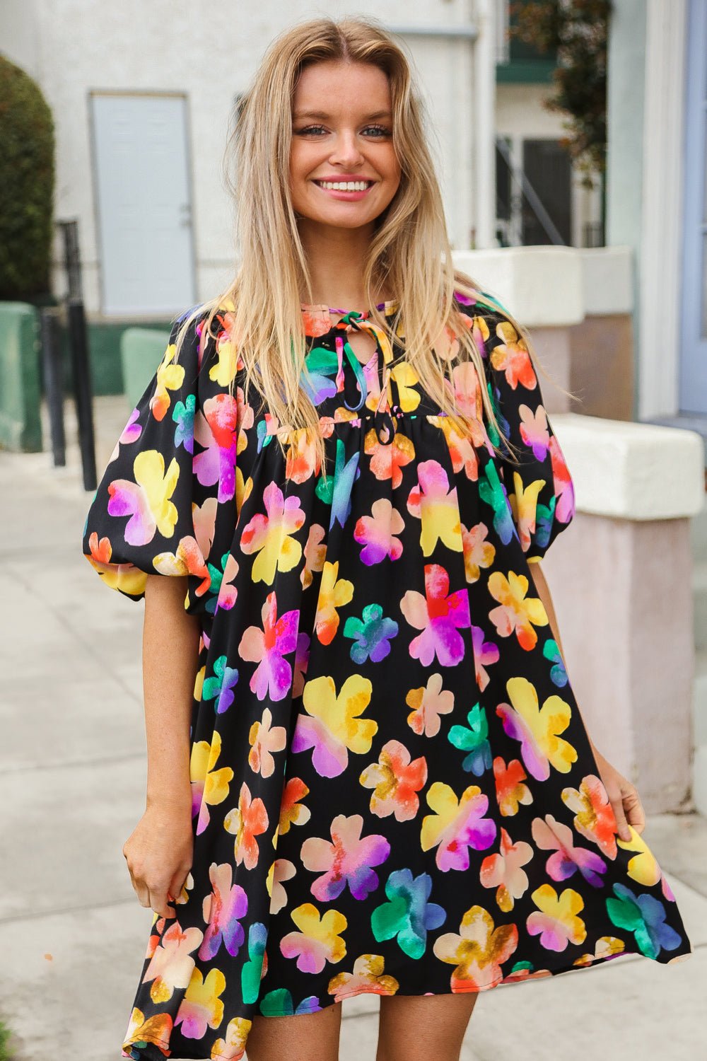 Look Adorable Ribbon Bow Tie Floral Babydoll Dress with Pockets - Bitsy Gypsy Boutique