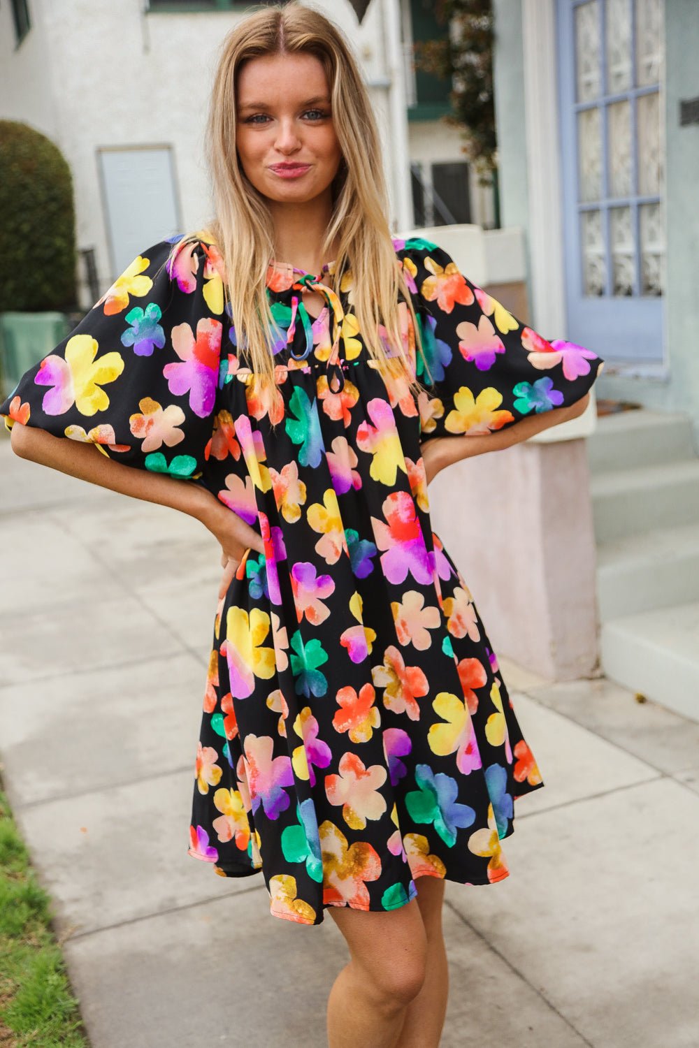 Look Adorable Ribbon Bow Tie Floral Babydoll Dress with Pockets - Bitsy Gypsy Boutique
