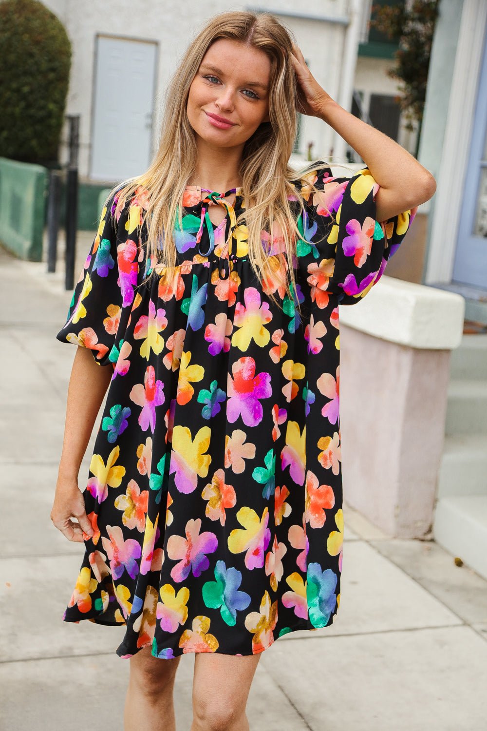 Look Adorable Ribbon Bow Tie Floral Babydoll Dress with Pockets - Bitsy Gypsy Boutique