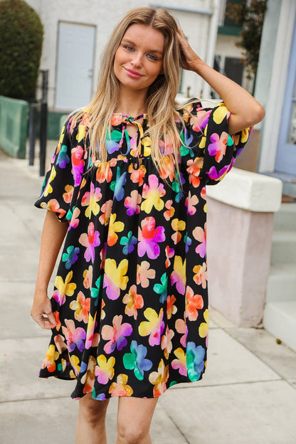Look Adorable Ribbon Bow Tie Floral Babydoll Dress with Pockets - Bitsy Gypsy Boutique