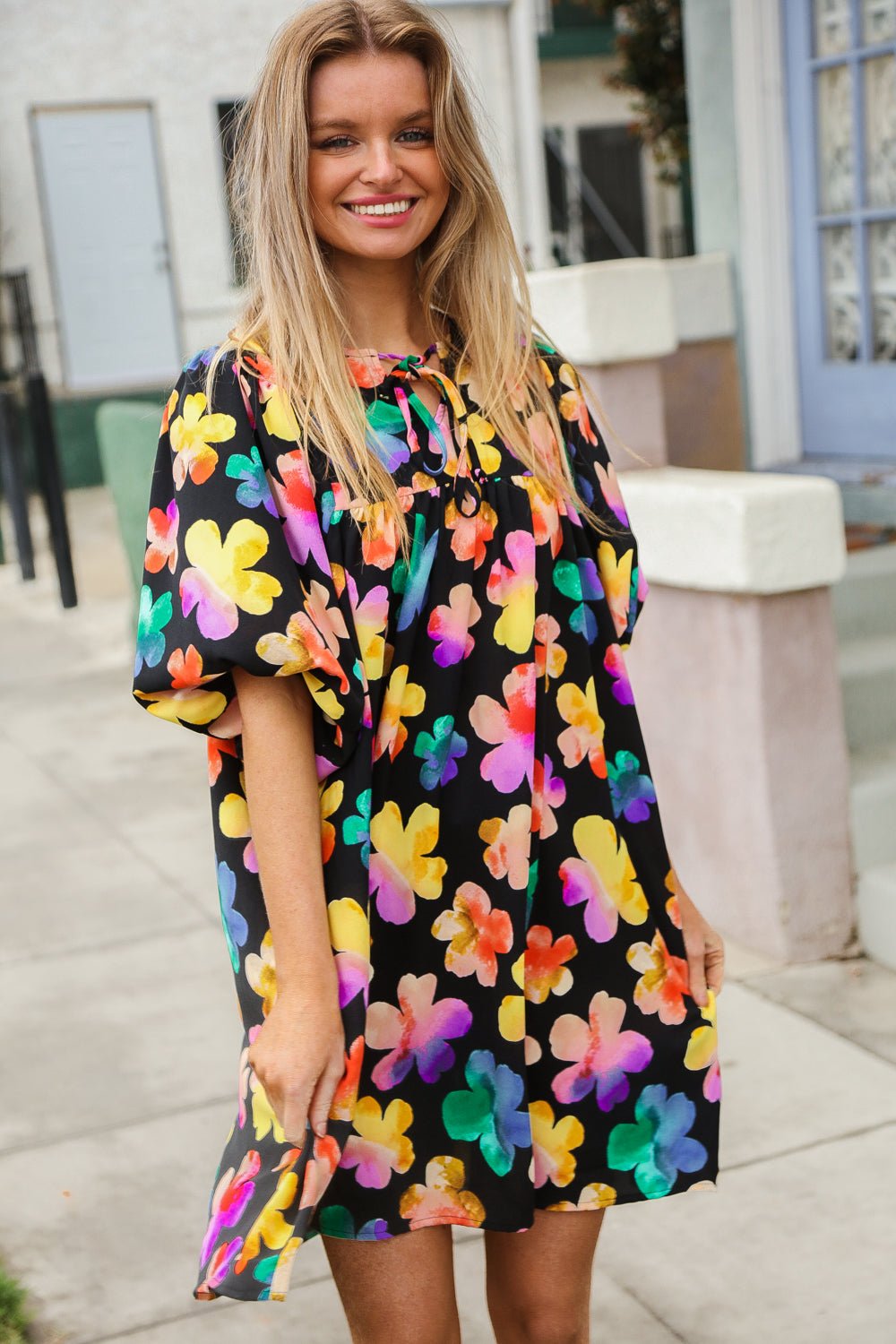 Look Adorable Ribbon Bow Tie Floral Babydoll Dress with Pockets - Bitsy Gypsy Boutique