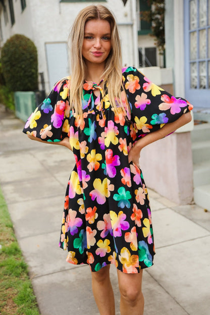 Look Adorable Ribbon Bow Tie Floral Babydoll Dress with Pockets - Bitsy Gypsy Boutique