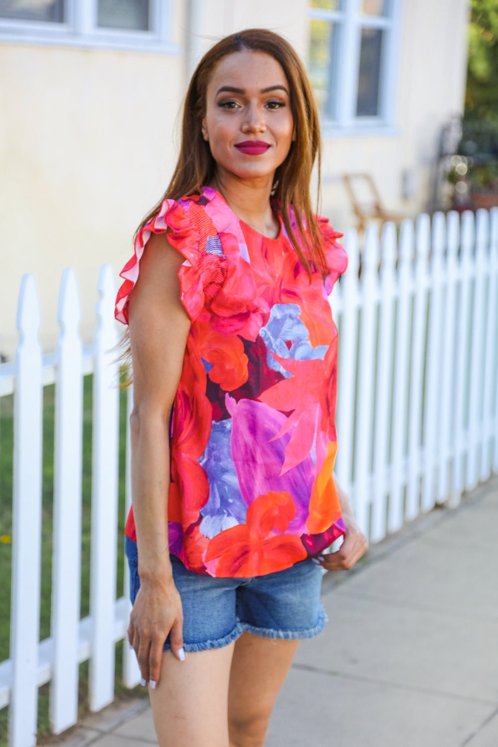 Look of Love Red & Fuchsia Floral Smocked Ruffle Frill Sleeve Top - Bitsy Gypsy Boutique